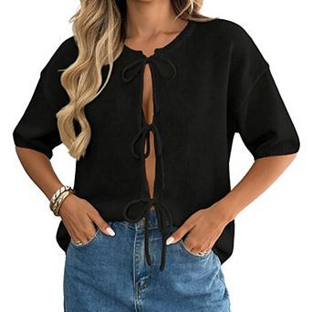 Women's Short Sleeve Crew Neck Knit Cardigan Tie Front Loose Fit Casual Sweater Top