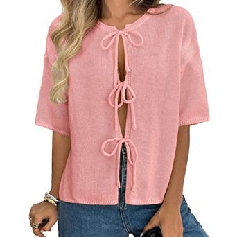 Women's Short Sleeve Crew Neck Knit Cardigan Tie Front Loose Fit Casual Sweater Top