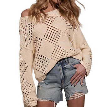 Womens Long Sleeve Crochet Tops Off Shoulder Hollow Out Sweater Casual Loose Fit Beach Cover Up