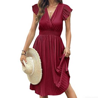 Women's V Neck High Waist Pleated Midi Dress Ruffle Sleeve Back Tie A-Line Casual Cocktail Dress
