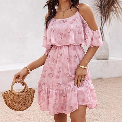Women's Boho Floral Print Short Sleeve Cold Shoulder Cami Dress Ruffle Hem Short Dresses