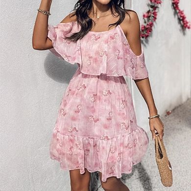 Women's Boho Floral Print Short Sleeve Cold Shoulder Cami Dress Ruffle Hem Short Dresses