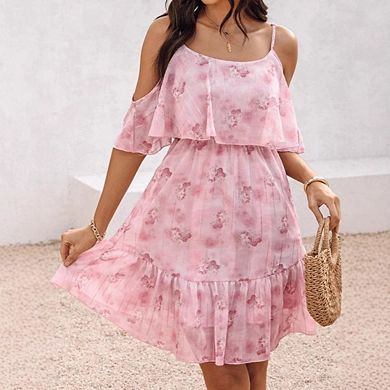 Women's Boho Floral Print Short Sleeve Cold Shoulder Cami Dress Ruffle Hem Short Dresses