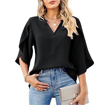 Women's Casual Blouse Tops 3/4 Ruffled Sleeve V Neck Loose Fit Blouses Shirts