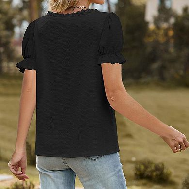 Women's V Neck Lace Trim Short Sleeve Blouse Puff Sleeve Casual Summer Top