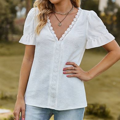 Women's V Neck Lace Trim Short Sleeve Blouse Puff Sleeve Casual Summer Top