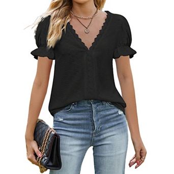 Women's V Neck Lace Trim Short Sleeve Blouse Puff Sleeve Casual Summer Top