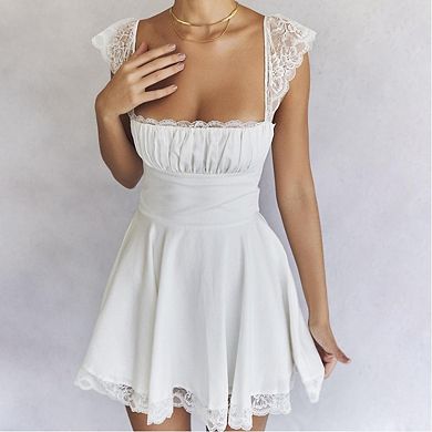 Women's Lace Strap Mini Dress Square Neck Flowy A-Line Ruffle Swing Casual Short Dresses