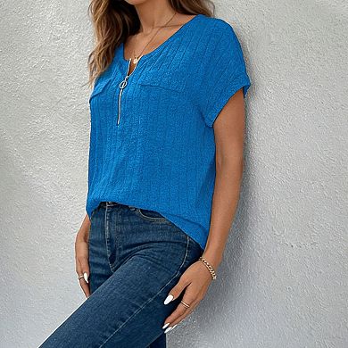 Women's Short Sleeve Zip Front T-Shirt Crew Neck Casual Loose Fit Top Blouse