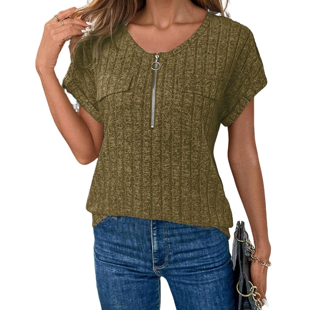 Women's Short Sleeve Zip Front T-Shirt Crew Neck Casual Loose Fit Top ...