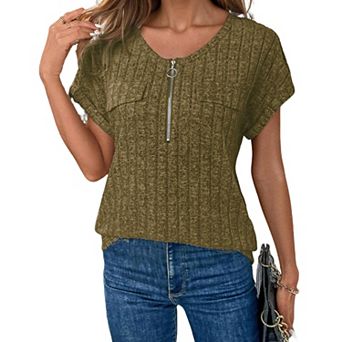 Women's Short Sleeve Zip Front T-Shirt Crew Neck Casual Loose Fit Top Blouse