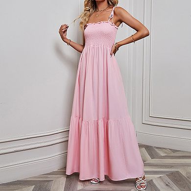 Women's Spaghetti Strap Smocked Maxi Dress Summer Flowy Beach Long Dress