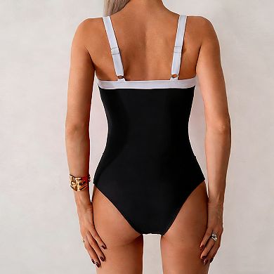 Women's Summer Swimsuit Color Block Adjustable Straps V Neck Tummy Control Bathing Suit for Women