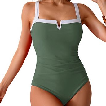 Women's Summer Swimsuit Color Block Adjustable Straps V Neck Tummy Control Bathing Suit for Women