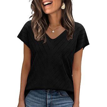 Women Sweaters V Neck Casual Knit Short Sleeve Tops Lightweight Pullover Clothes Fashion Outfits