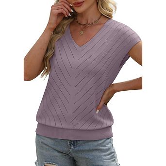 Women Sweaters V Neck Casual Knit Short Sleeve Tops Lightweight Pullover Clothes Fashion Outfits