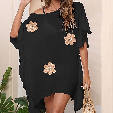 Women's Round Neck Beach Cover Up Summer Ruffle Loose Fit Lightweight Swimsuit Coverup