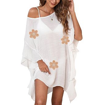 Women's Round Neck Beach Cover Up Summer Ruffle Loose Fit Lightweight Swimsuit Coverup