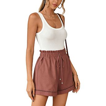 Women Boho Smocked Waist Shorts Eyelet Trim Drawstring Casual Summer Beach Shorts