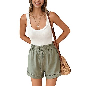 Women Boho Smocked Waist Shorts Eyelet Trim Drawstring Casual Summer Beach Shorts