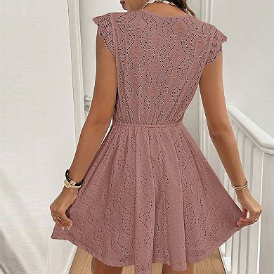 Women's V Neck Short Dress Summer Casual Ruffle Short Sleeve Mini Dresses
