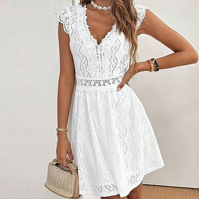 Women's V Neck Short Dress Summer Casual Ruffle Short Sleeve Mini Dresses