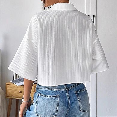 Women's Cropped Short Sleeve Blouse Collared Button Front Loose Casual Shirt