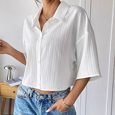 Women's Cropped Short Sleeve Blouse Collared Button Front Loose Casual Shirt