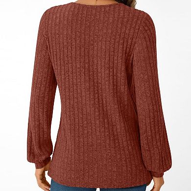 Women's V Neck Ribbed Long Sleeve Shirt Loose Fit Pullover Casual Comfortable Top