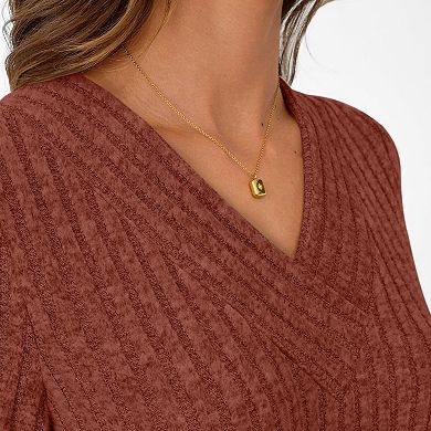 Women's V Neck Ribbed Long Sleeve Shirt Loose Fit Pullover Casual Comfortable Top