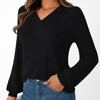Women's V Neck Ribbed Long Sleeve Shirt Loose Fit Pullover Casual Comfortable Top