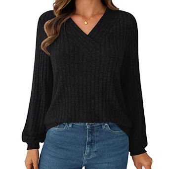 Women's V Neck Ribbed Long Sleeve Shirt Loose Fit Pullover Casual Comfortable Top