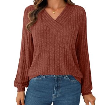 Women's V Neck Ribbed Long Sleeve Shirt Loose Fit Pullover Casual Comfortable Top