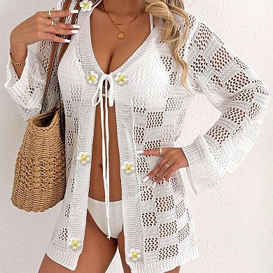 Women's Hollow Out Crochet Beach Cover Up Summer Long Sleeve Open Front Cardigan