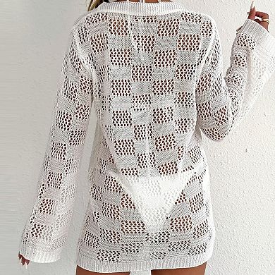 Women's Hollow Out Crochet Beach Cover Up Summer Long Sleeve Open Front Cardigan