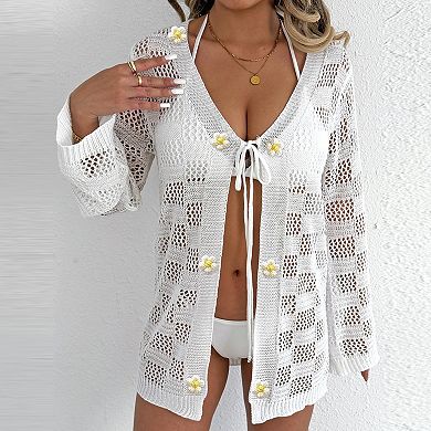 Women's Hollow Out Crochet Beach Cover Up Summer Long Sleeve Open Front Cardigan