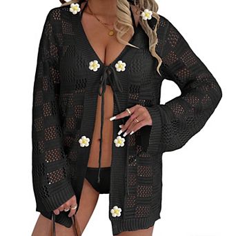 Women's Hollow Out Crochet Beach Cover Up Summer Long Sleeve Open Front Cardigan
