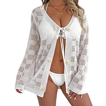 Women's Hollow Out Crochet Beach Cover Up Summer Long Sleeve Open Front Cardigan