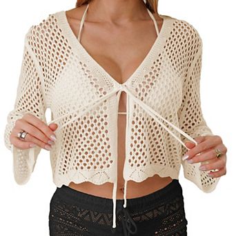 Women's Long Sleeve Crochet Beach Cover Up Open Front Hollow Out Cardigan for Swimwear