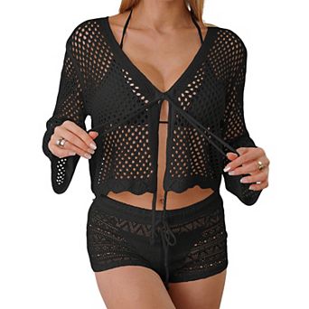 Women's Long Sleeve Crochet Beach Cover Up Open Front Hollow Out Cardigan for Swimwear