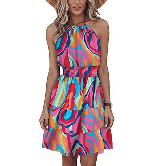 Women Halter Neck Beach Vacation Dress Smocked Waist Tiered Ruffle Sundress Summer Mini Dress
