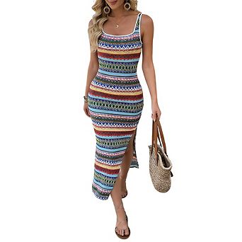 Women Bohemian Beach Sleeveless Cami Maxi Dress Stretch Knit Print Split Hem Summer Sundress