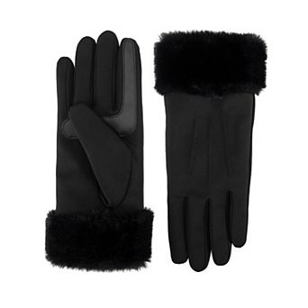 Women's Black Isotoner Stretch Gloves With Faux Fur Cuff