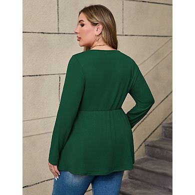 Plus Size Women's Square Neck Blouse Ruffled Bust Tiered Hem Tunic Top Elegant Long Sleeve Shirt