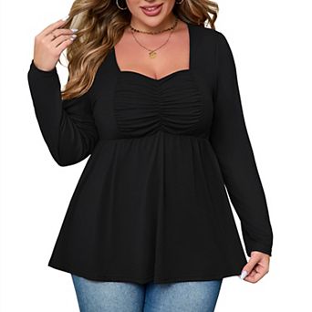 Plus Size Women's Square Neck Blouse Ruffled Bust Tiered Hem Tunic Top Elegant Long Sleeve Shirt