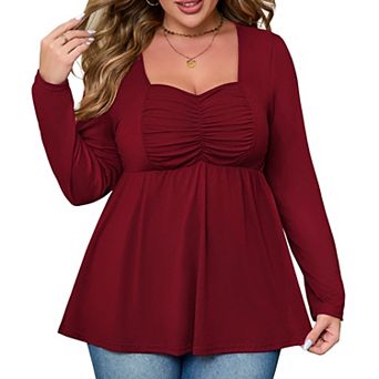 Plus Size Women's Square Neck Blouse Ruffled Bust Tiered Hem Tunic Top Elegant Long Sleeve Shirt