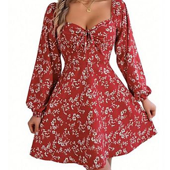 Women's Short Floral Print Dress Square Neck Long Sleeve Mini Dress for Spring/Summer