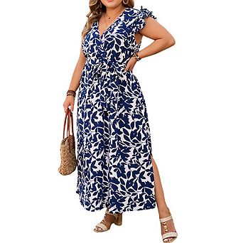 Plus Size Women's Floral Print Wrap V-Neck Maxi Dress with Belt
