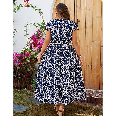 Plus Size Women's Floral Print Wrap V-Neck Maxi Dress with Belt