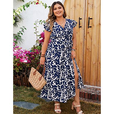 Plus Size Women's Floral Print Wrap V-Neck Maxi Dress with Belt
